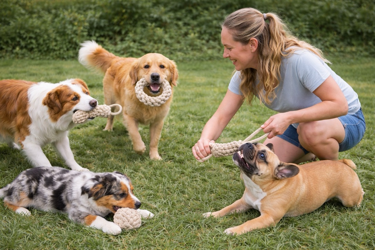Four dogs playing together in a sunny backyard